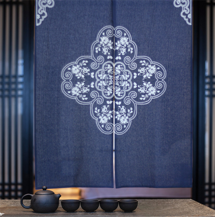 家佳樂(lè)文學(xué)中式棉麻藍(lán)印花布藝門(mén)簾掛簾隔斷