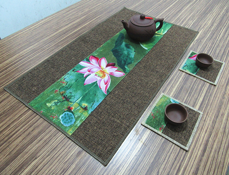 家佳樂文學(xué)復(fù)古棉麻布藝禪意荷花桌旗茶巾