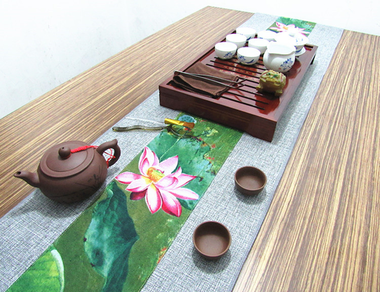 家佳樂(lè)文學(xué)復(fù)古棉麻布藝禪意荷花桌旗茶巾