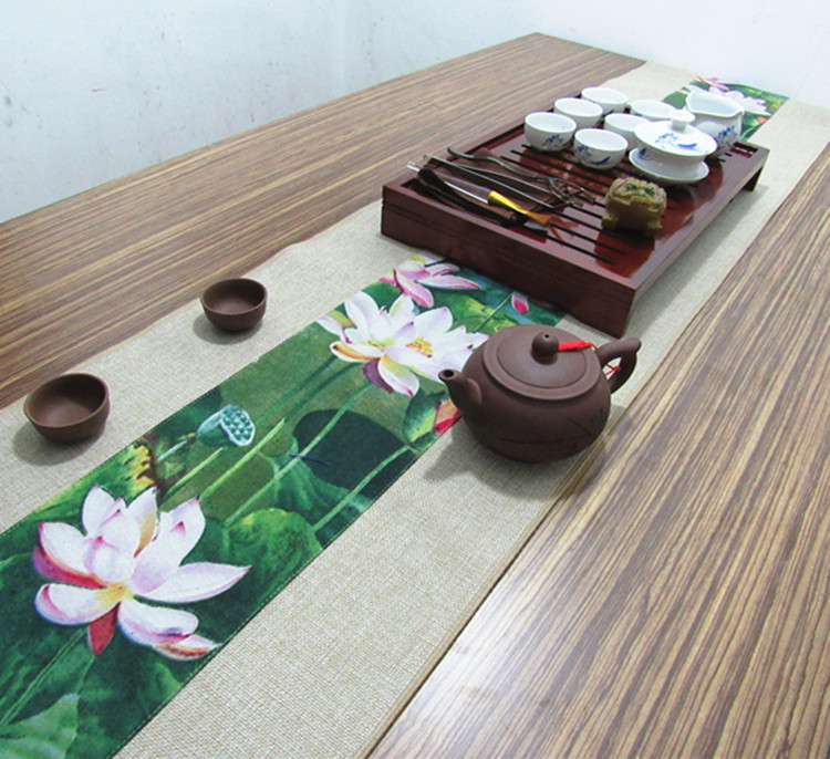 家佳樂(lè)文學(xué)復(fù)古棉麻布藝禪意荷花桌旗茶巾