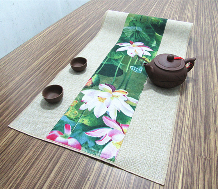 家佳樂(lè)文學(xué)復(fù)古棉麻布藝禪意荷花桌旗茶巾