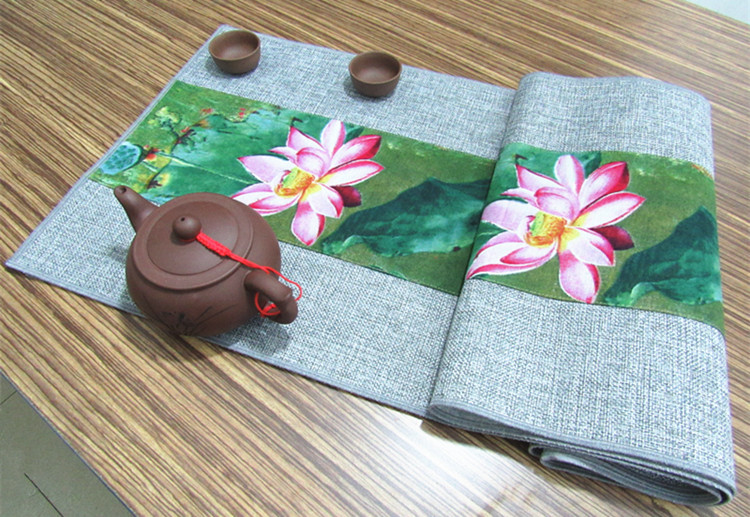 家佳樂(lè)文學(xué)復(fù)古棉麻布藝禪意荷花桌旗茶巾