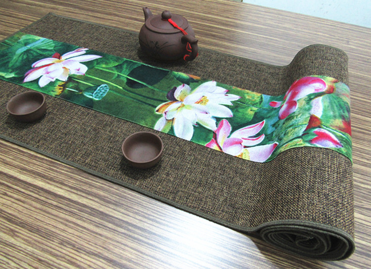 家佳樂(lè)文學(xué)復(fù)古棉麻布藝禪意荷花桌旗茶巾