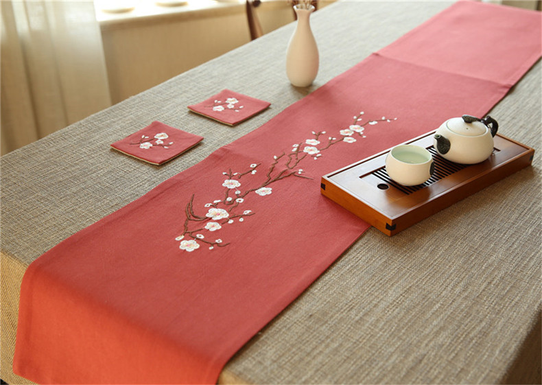 家佳樂(lè)文學(xué)刺繡花桌旗梅花茶席布藝禪意