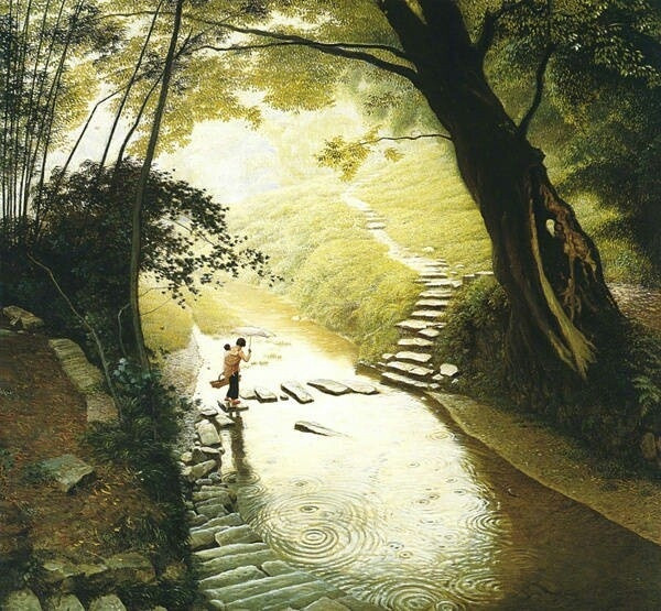 家佳樂文學(xué)山水村莊油畫插畫