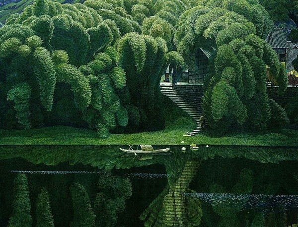 家佳樂文學(xué)山水村莊油畫插畫