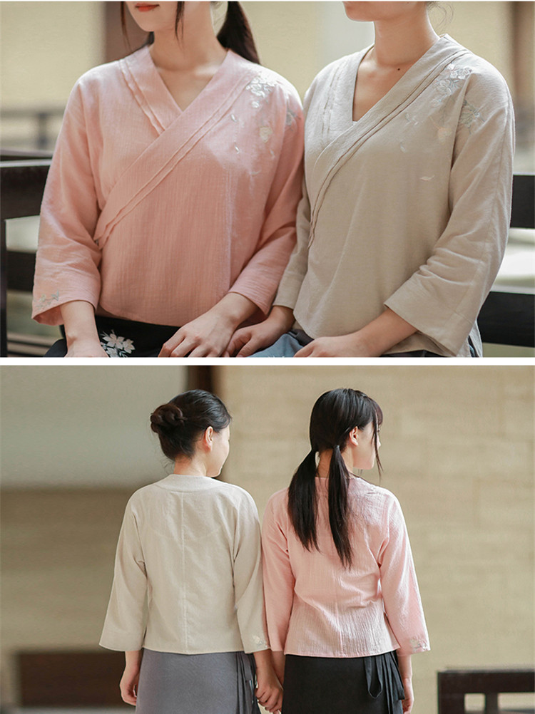 家佳樂(lè)文學(xué)設(shè)計(jì)刺繡漢元素交領(lǐng)棉麻上衣