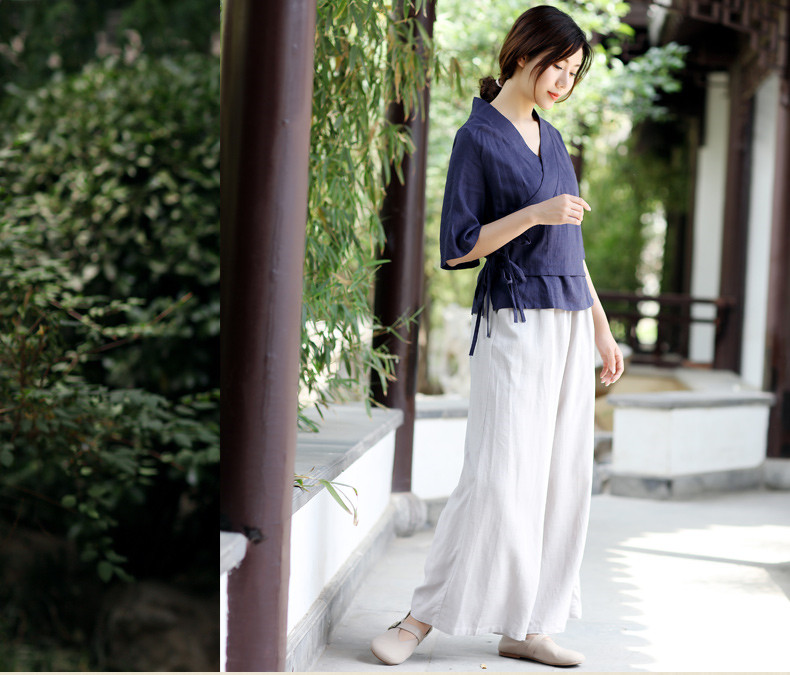 中式復(fù)古茶服漢元素交領(lǐng)女夏上衣