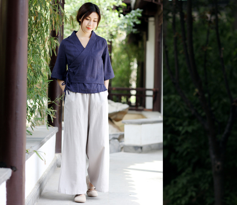 中式復(fù)古茶服漢元素交領(lǐng)女夏上衣