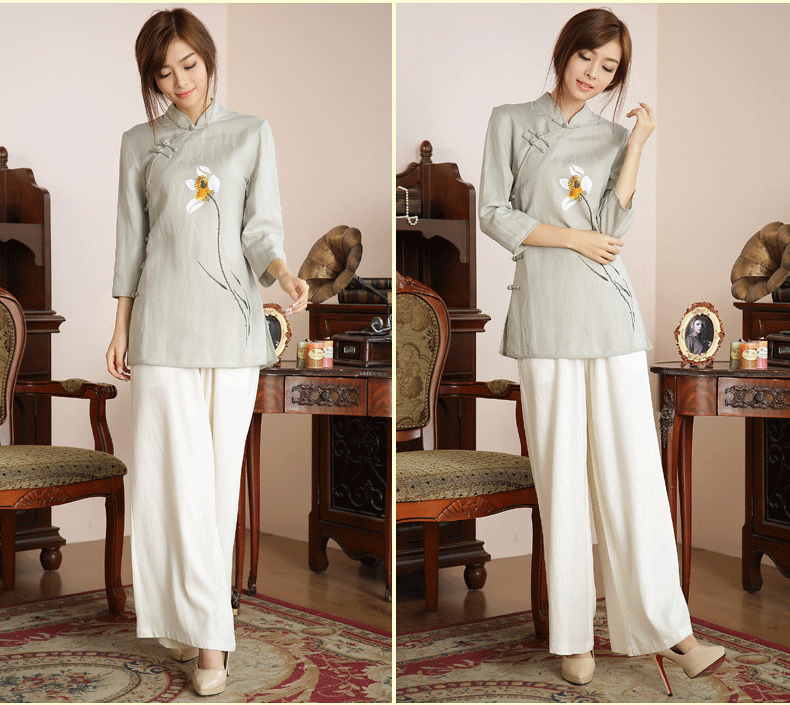 唐裝女夏秋裝棉麻服飾盤扣手繪禪意