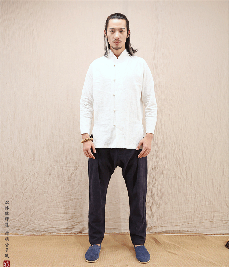 文藝范中式長袖棉麻白襯衫唐裝男