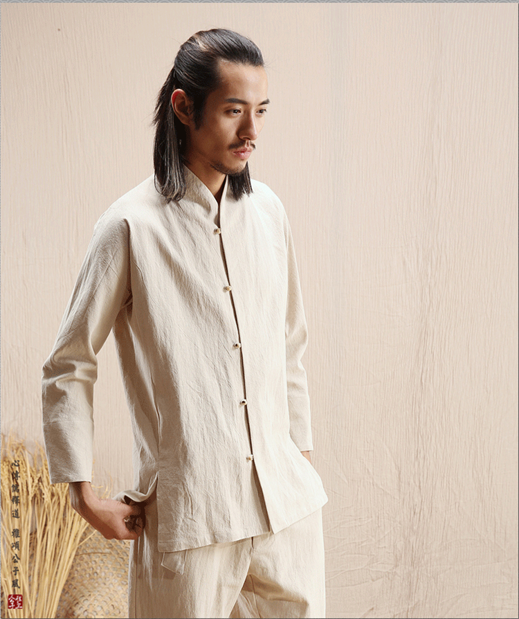 文藝范中式長袖棉麻白襯衫唐裝男