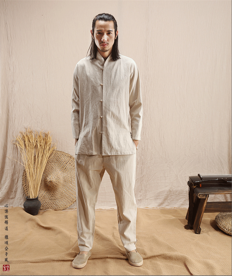 文藝范中式長(zhǎng)袖棉麻白襯衫唐裝男