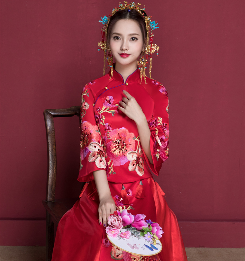 花開(kāi)富貴中式新娘禮服，蘇繡桃花中袖敬酒服