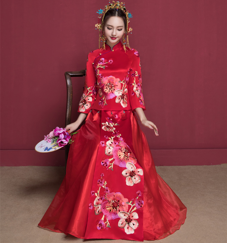 花開(kāi)富貴中式新娘禮服，蘇繡桃花中袖敬酒服