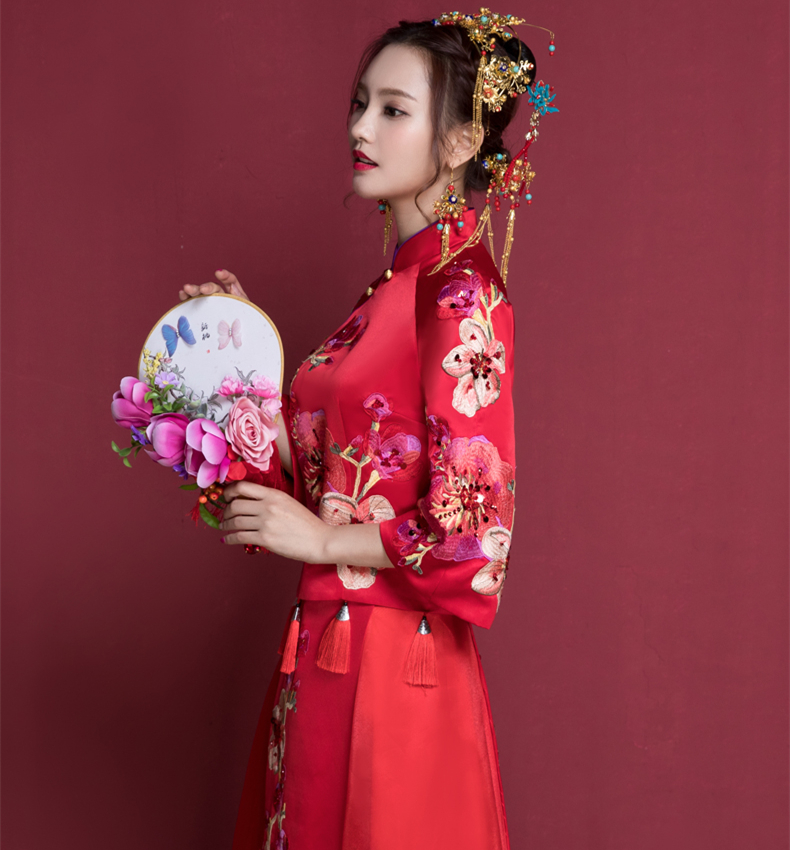 花開(kāi)富貴中式新娘禮服，蘇繡桃花中袖敬酒服
