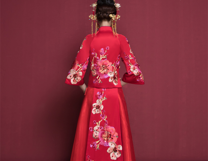 花開(kāi)富貴中式新娘禮服，蘇繡桃花中袖敬酒服