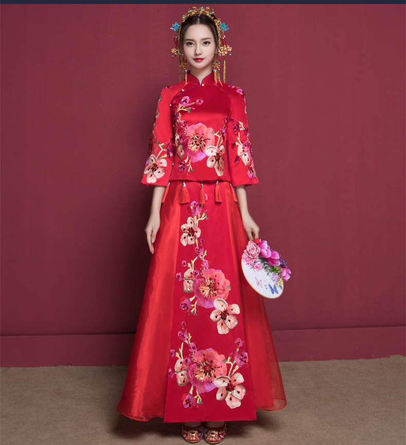 花開(kāi)富貴中式新娘禮服，蘇繡桃花中袖敬酒服