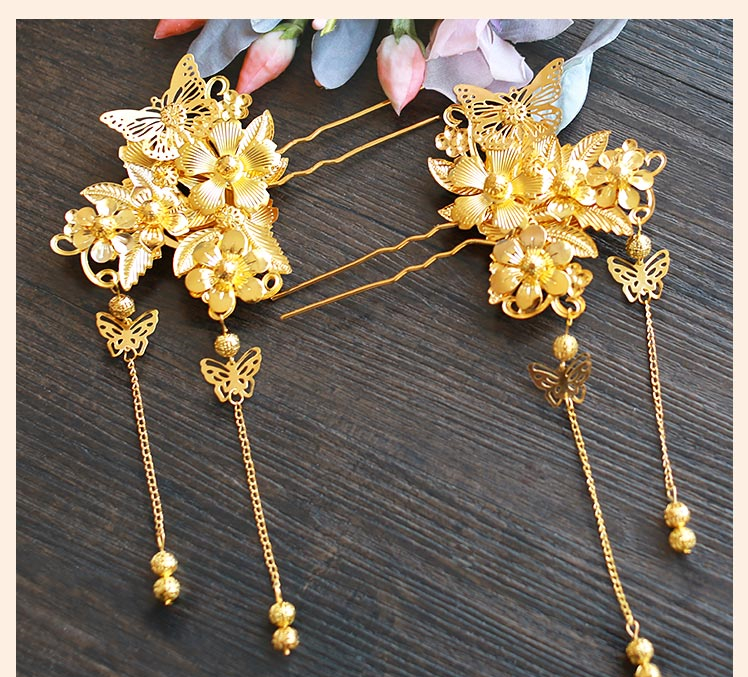 中式新娘精美頭飾，金色發(fā)飾套裝步搖鳳冠