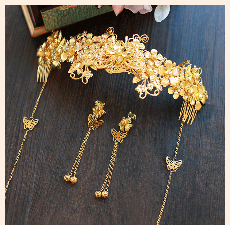 中式新娘精美頭飾，金色發(fā)飾套裝步搖鳳冠