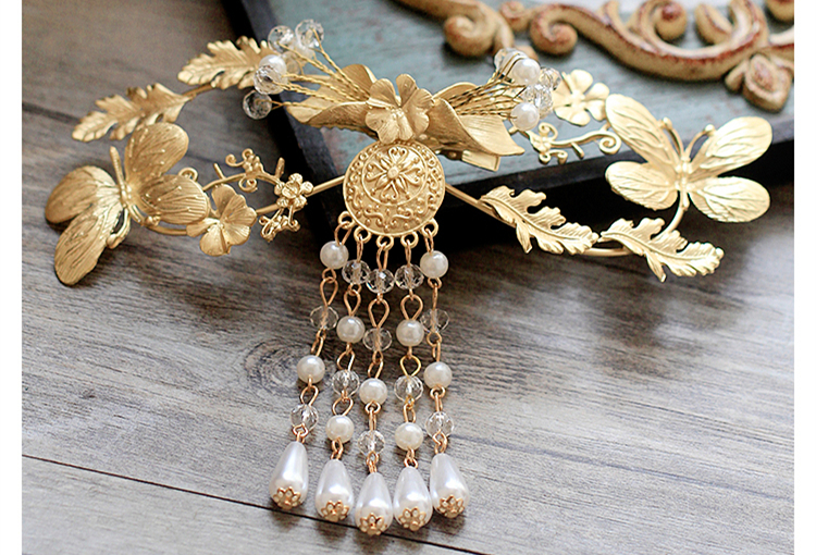 金色復(fù)古宮廷頭飾，古典蝴蝶流蘇額飾
