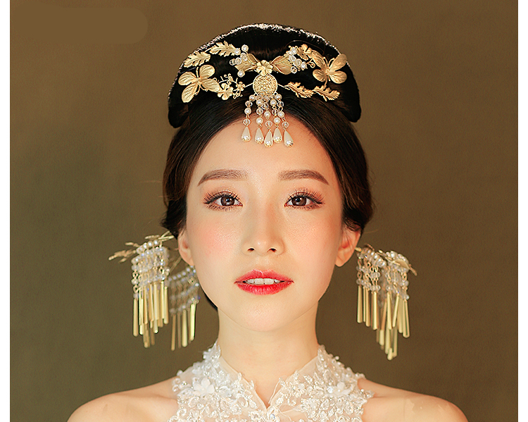 金色復(fù)古宮廷頭飾，古典蝴蝶流蘇額飾