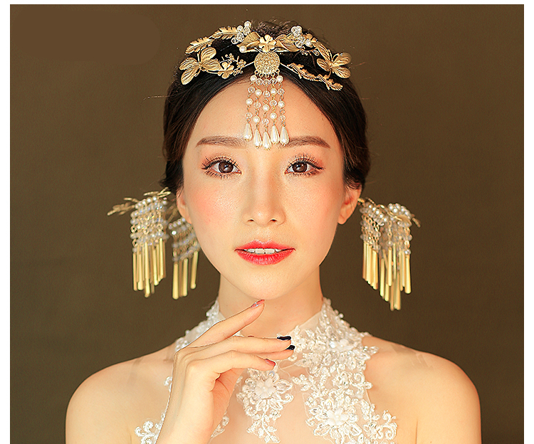 金色復(fù)古宮廷頭飾，古典蝴蝶流蘇額飾