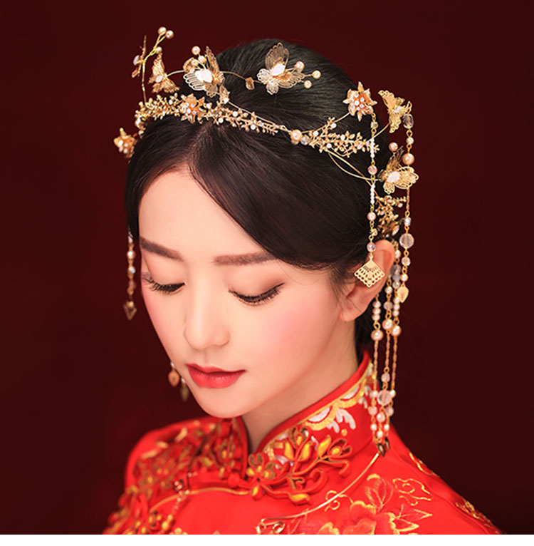 古裝頭飾金色流蘇，原創(chuàng)鳳冠發(fā)箍