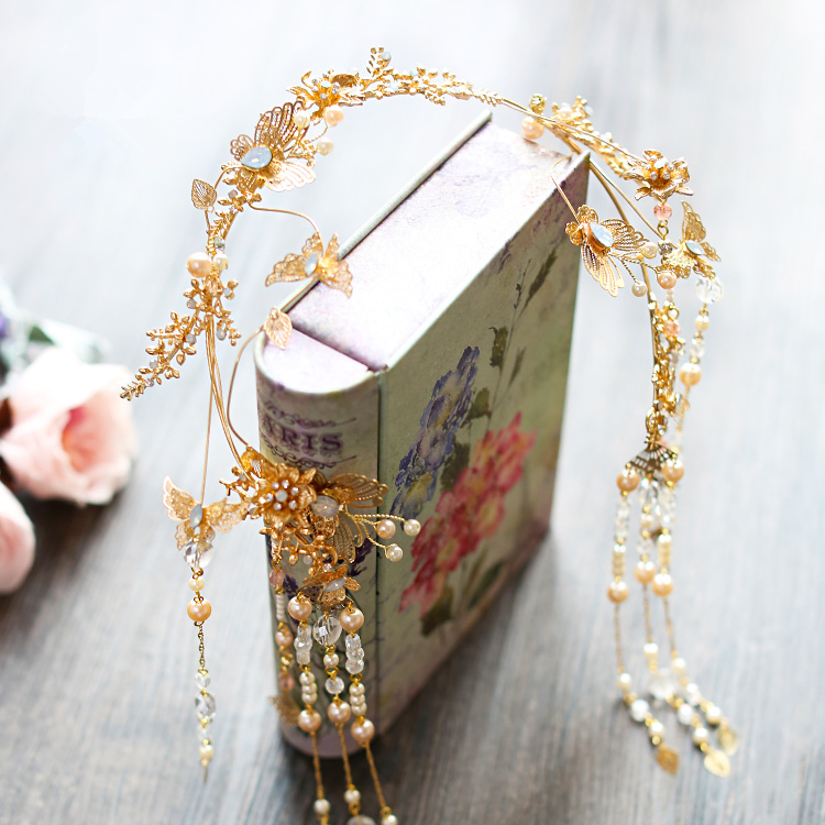 古裝頭飾金色流蘇，原創(chuàng)鳳冠發(fā)箍