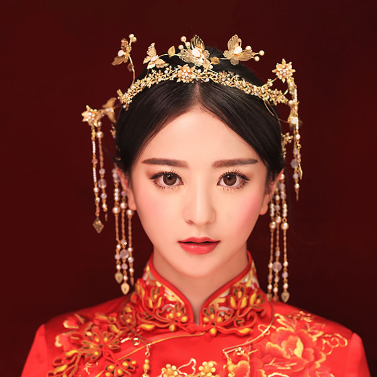 古裝頭飾金色流蘇，原創(chuàng)鳳冠發(fā)箍