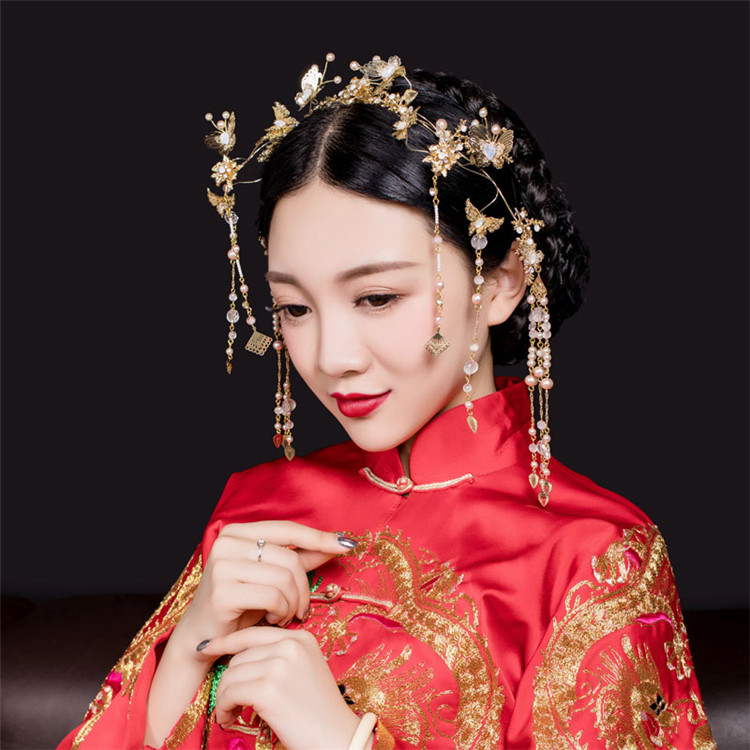 古裝頭飾金色流蘇，原創(chuàng)鳳冠發(fā)箍