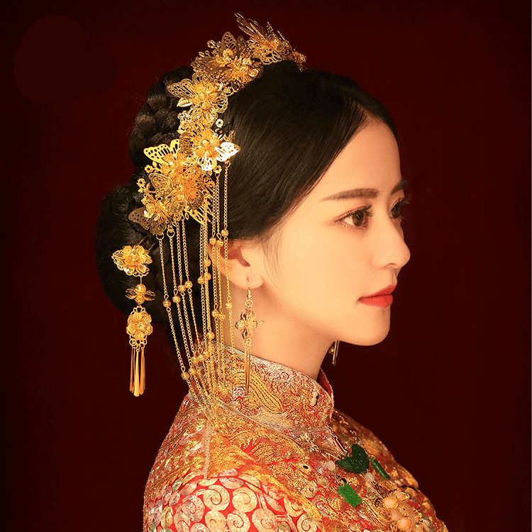 女子金色流蘇古風(fēng)頭飾，鳳冠配飾品