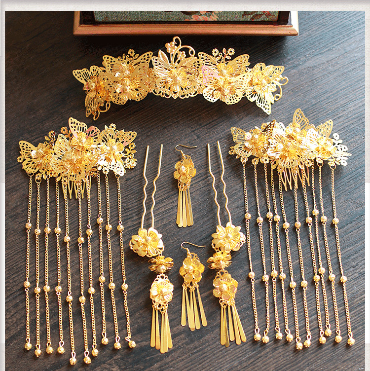 女子金色流蘇古風(fēng)頭飾，鳳冠配飾品