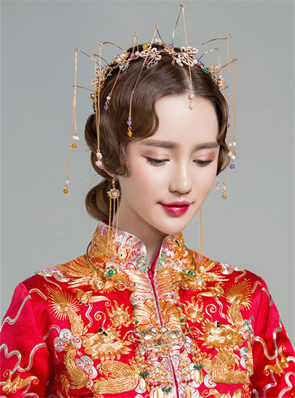 中式古典純手工發(fā)飾，婚禮頭飾蝴蝶彩珠