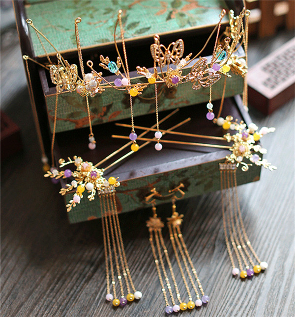 中式古典純手工發(fā)飾，婚禮頭飾蝴蝶彩珠