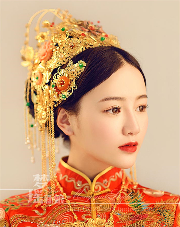 新娘古裝頭飾翠霞，中式婚禮發(fā)飾