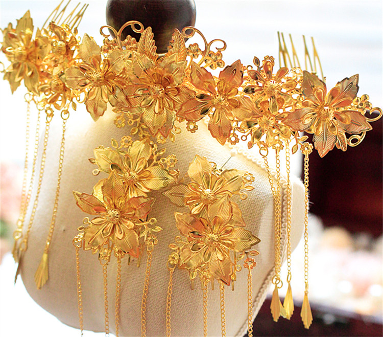 中式新娘步搖頭飾，金色古裝發(fā)飾套裝