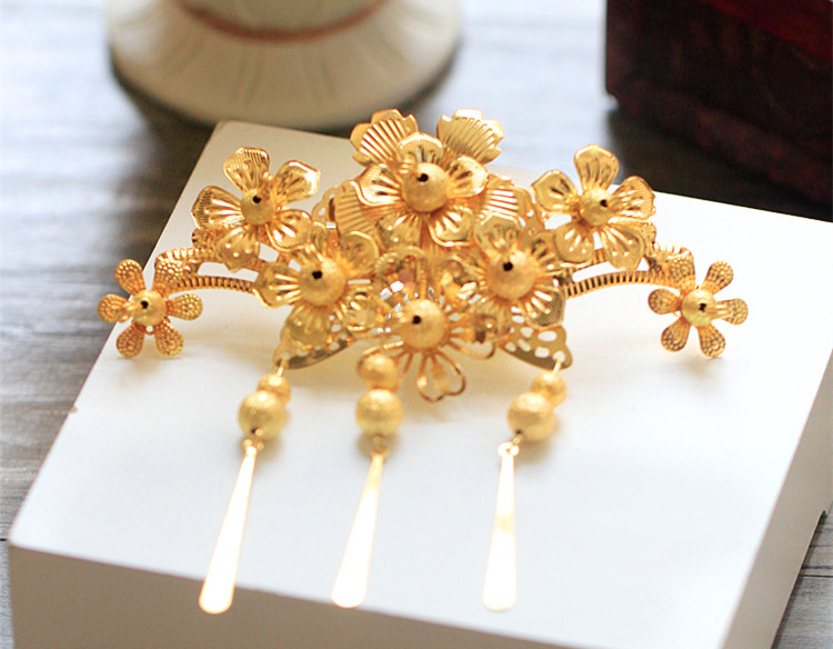 中式新娘步搖頭飾，金色古裝發(fā)飾套裝