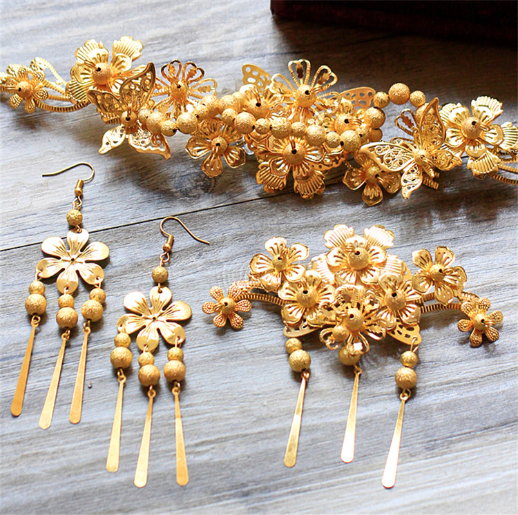 中式新娘步搖頭飾，金色古裝發(fā)飾套裝