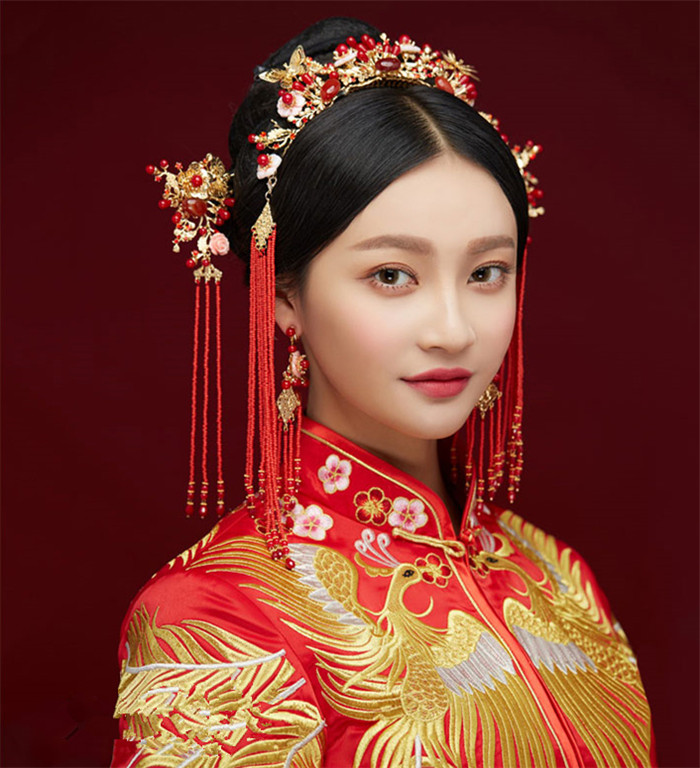 金底紅古風(fēng)頭飾，復(fù)古貝殼花流蘇發(fā)簪