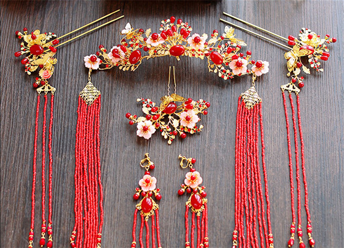 金底紅古風(fēng)頭飾，復(fù)古貝殼花流蘇發(fā)簪