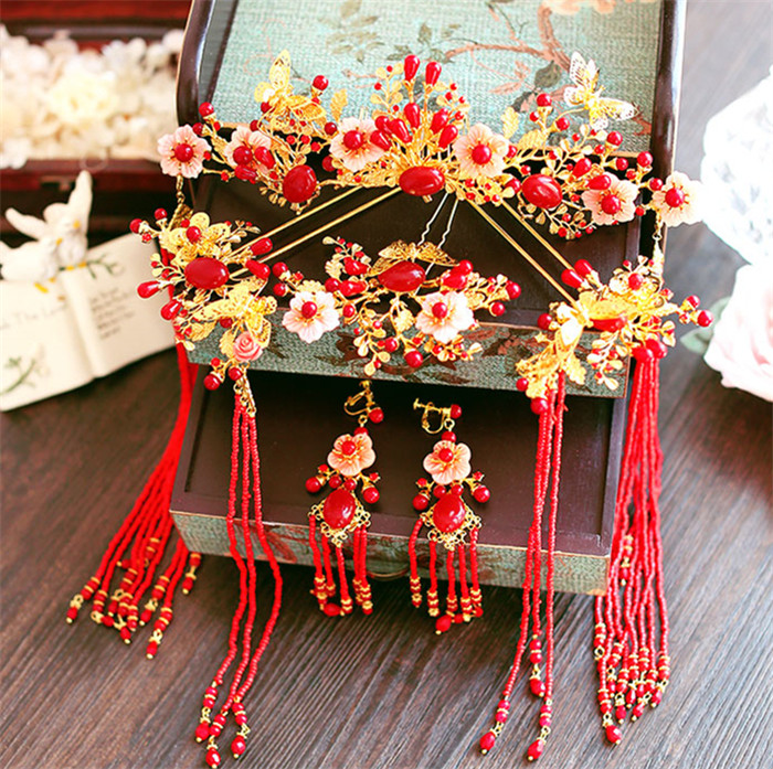 金底紅古風(fēng)頭飾，復(fù)古貝殼花流蘇發(fā)簪