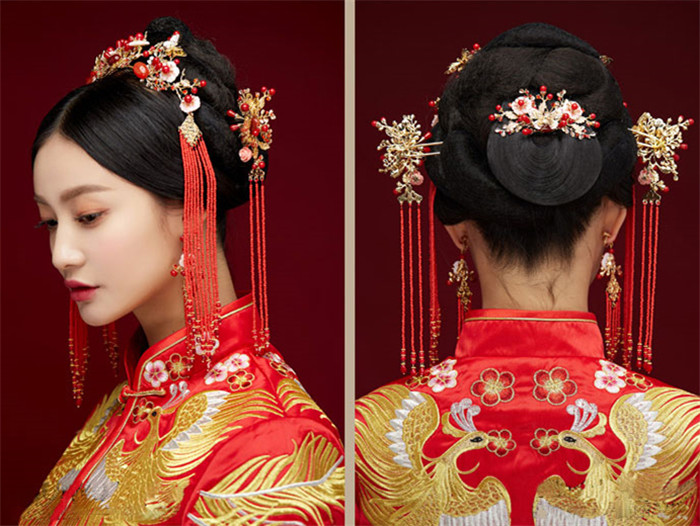 金底紅古風(fēng)頭飾，復(fù)古貝殼花流蘇發(fā)簪