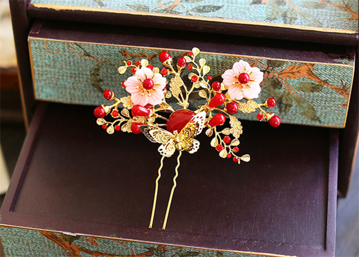 金底紅古風(fēng)頭飾，復(fù)古貝殼花流蘇發(fā)簪