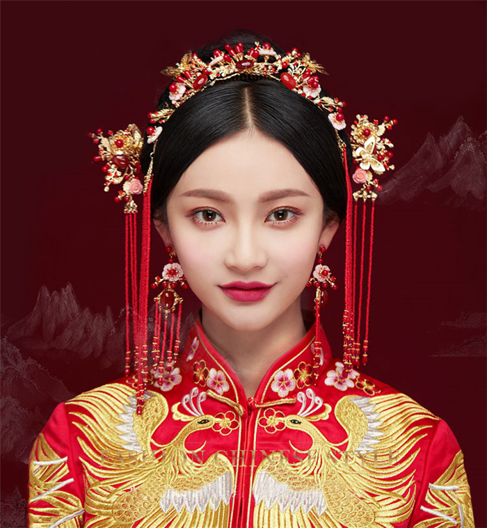 金底紅古風(fēng)頭飾，復(fù)古貝殼花流蘇發(fā)簪