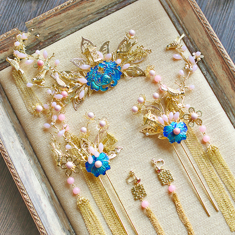 純手工精致金色流蘇發(fā)簪，新娘古風(fēng)頭飾