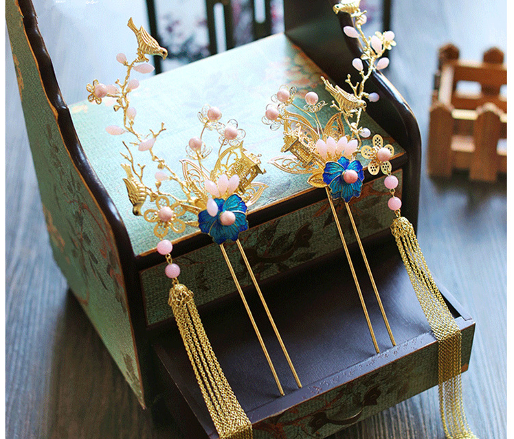 純手工精致金色流蘇發(fā)簪，新娘古風(fēng)頭飾