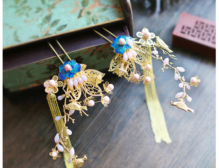 純手工精致金色流蘇發(fā)簪，新娘古風頭飾