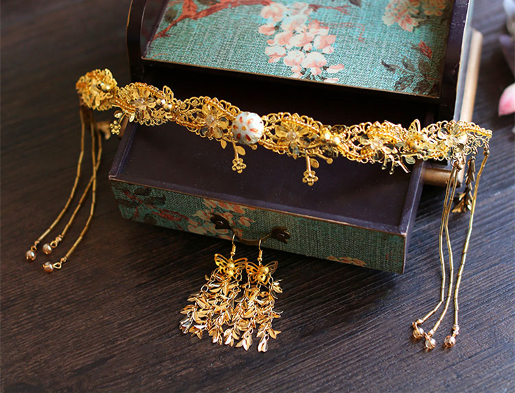 金色四件套古裝頭飾，古典韻味發(fā)飾