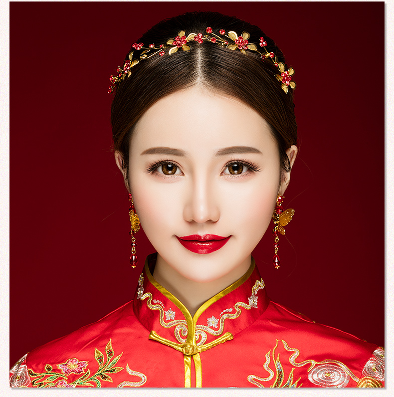 小巧中式敬酒禮服頭飾，金與紅水晶的搭配